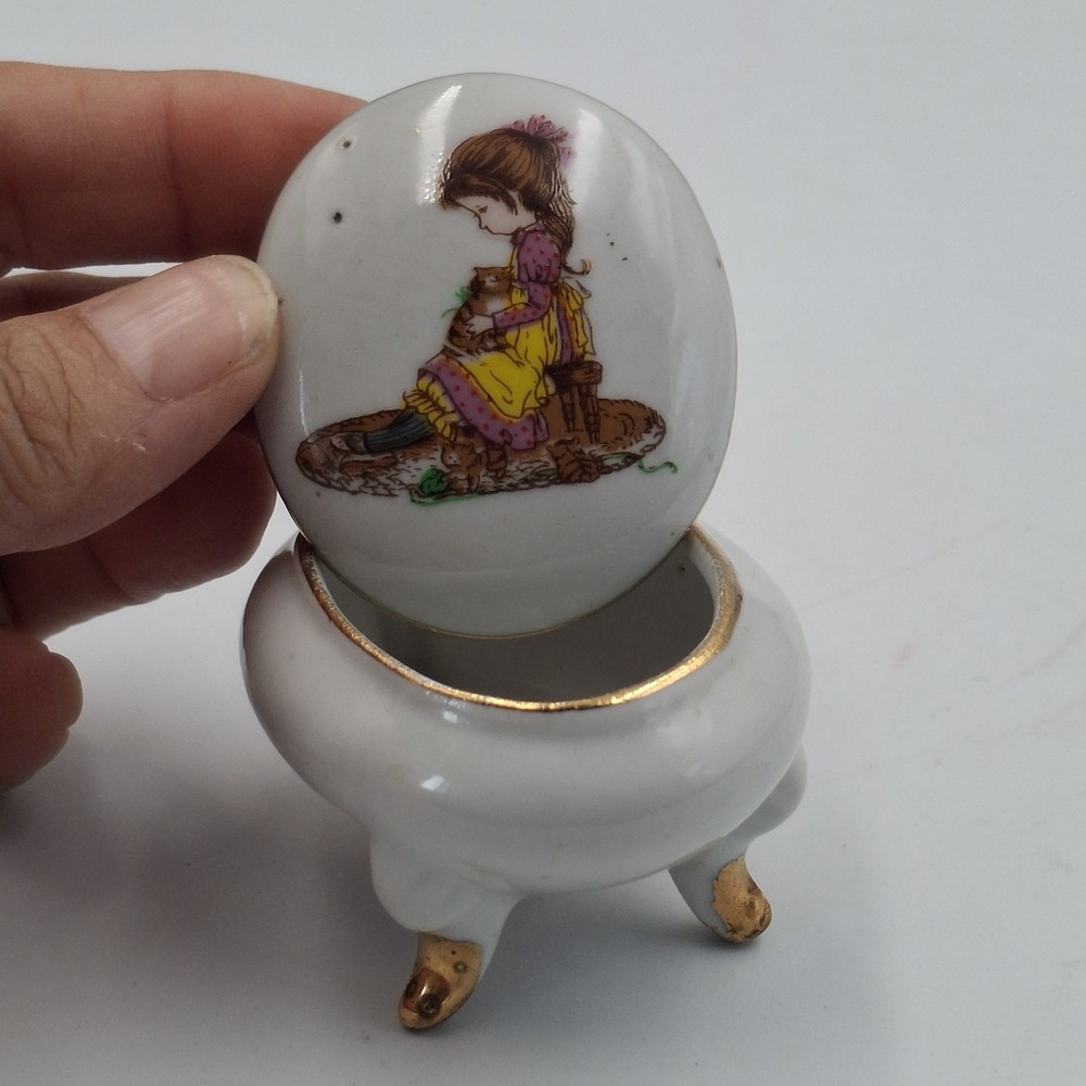 Vintage Petticoats & Pantaloons Roth Footed Trinket Box Porcelain Girl Cat Japan